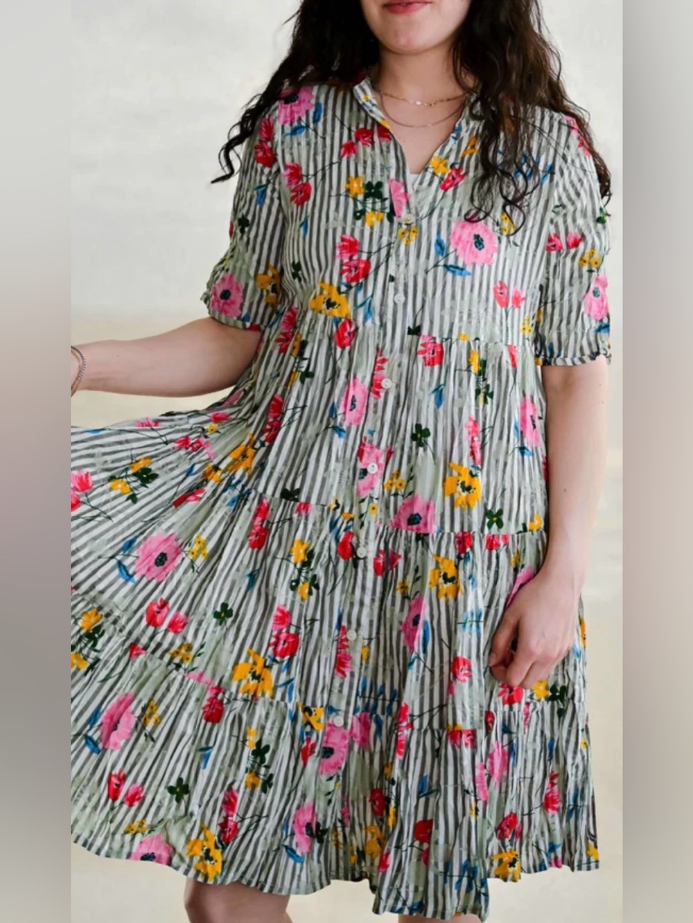 Dress Addict July 612 Floral Stripe Organic Cotton Babydoll Dress NWT Sz S - Picture 2 of 7